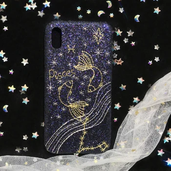 

iphoneXr case anti-fall handmade sequined Zodiac 6.5 inch cell phone covers glitter gold Embroidery Pisces iphoneXs Max shells