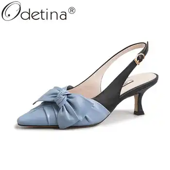 

Odetina Women Fashion Pleated Pointed Toe Bow Sweet Dress Shoes Ladies New Buckle Strap Slingbacks kitten High Heel Party Shoes