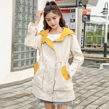 

Spring Autumn Trench Coat Women Hooded Single Breasted Windbreaker Women Overcoat Casual Ladies Coats Student Loose Outwear H201