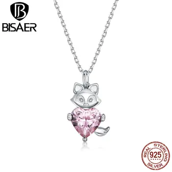 

BISAER Necklace 925 Sterling Silver Animal Little Fox Pink Heart Long Chain Link Zircon For Women Wedding Jewelry GAN179
