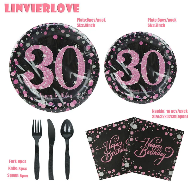 LINVIERLOVE Happy 30th 40th 50th 60th черный золотой одноразовый набор посуды для дня рождения свадебные бумажные тарелки салфетки товары для праздника