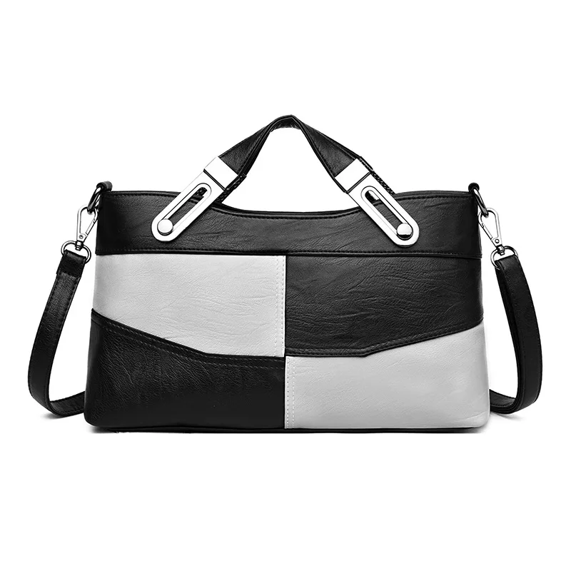 

High Grade Sense Soft Leather Stitching Handbag Contrast Color Elegant WOMEN'S Bag 2019 New Style Fashion Shoulder Bag Over-the-