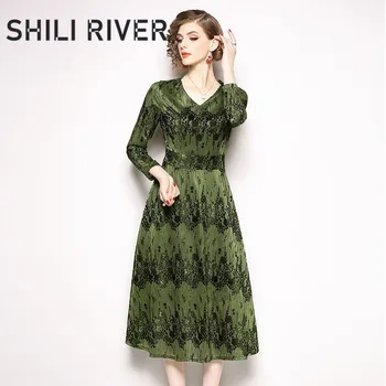 

New spring autumn velvet midi dress for women a line long sleeve slim casual elegant V neck floral print dresses vintage green