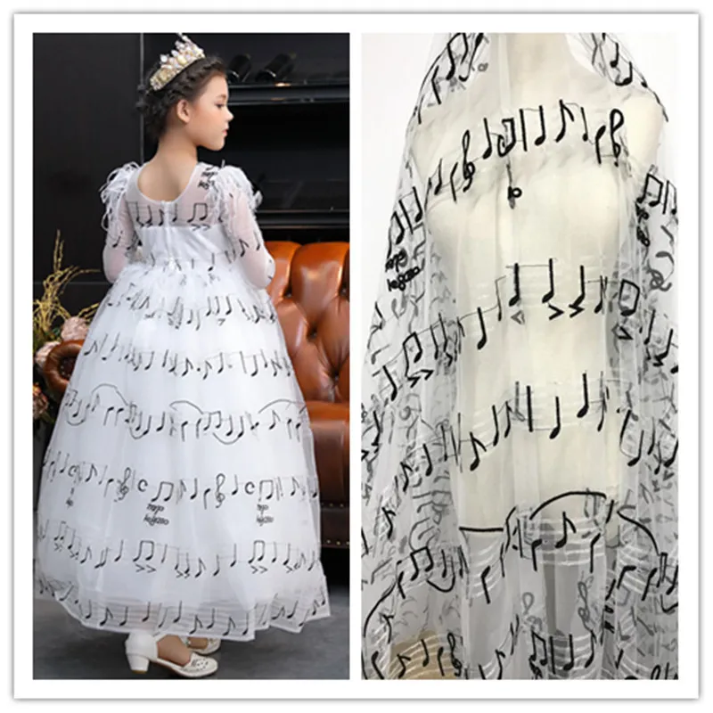 

1 Yard Music Note Fabric, Musical Notes Tulle Fabric, Black Note and Off white Tulle Lace for cocktail dress, gowns, bridal veil