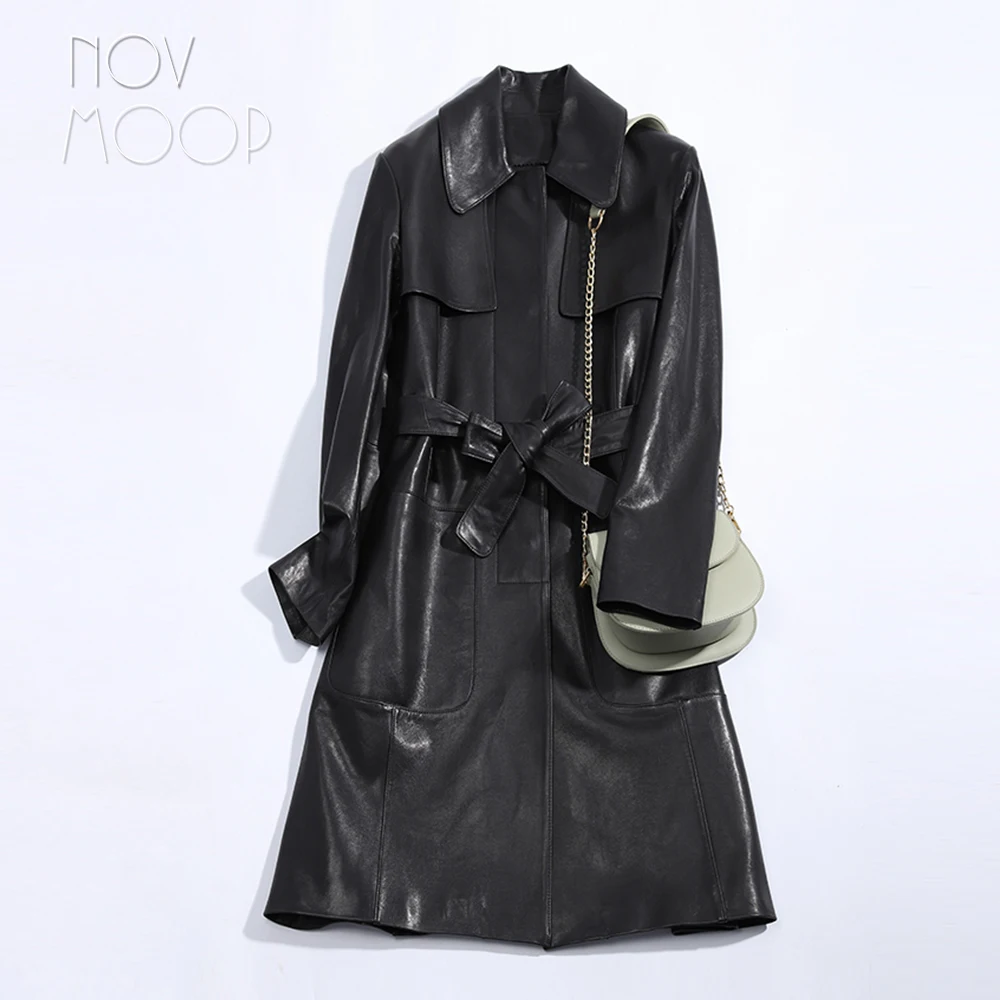 Novmoop Office lady slim black khika sheepskin genuine leather jacket women coat with big pocket sashes chaqueta muje LT2821