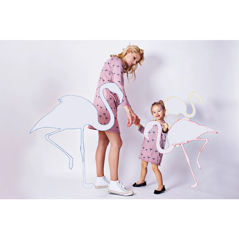 

New Family Matching Clothes Mother and Daughter Print Flamingo Long Sleeve Pocket Dress O-neck Mom and Daughter Matching Clothes