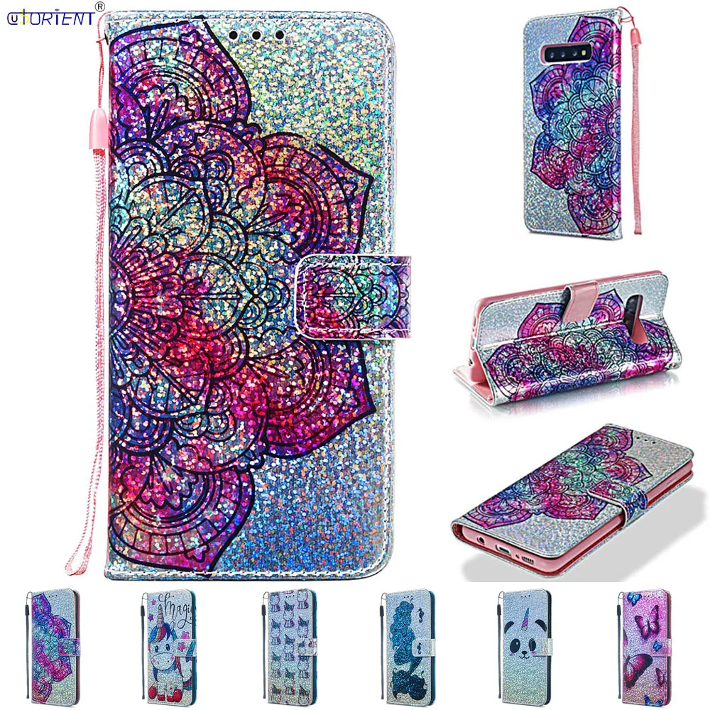 Облегающий чехол для Samsung Galaxy S10 Plus + симпатичный блестящий кожаный с подставкой