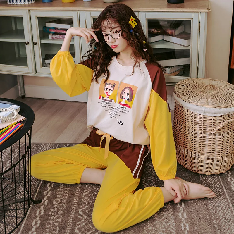Модные пижамные комплекты для маленьких девочек симпатичная одежда для сна с длинными рукавами и рисунками из мультфильмов большого размера в Корейском стиле женская пижама Mujer домашняя одежда