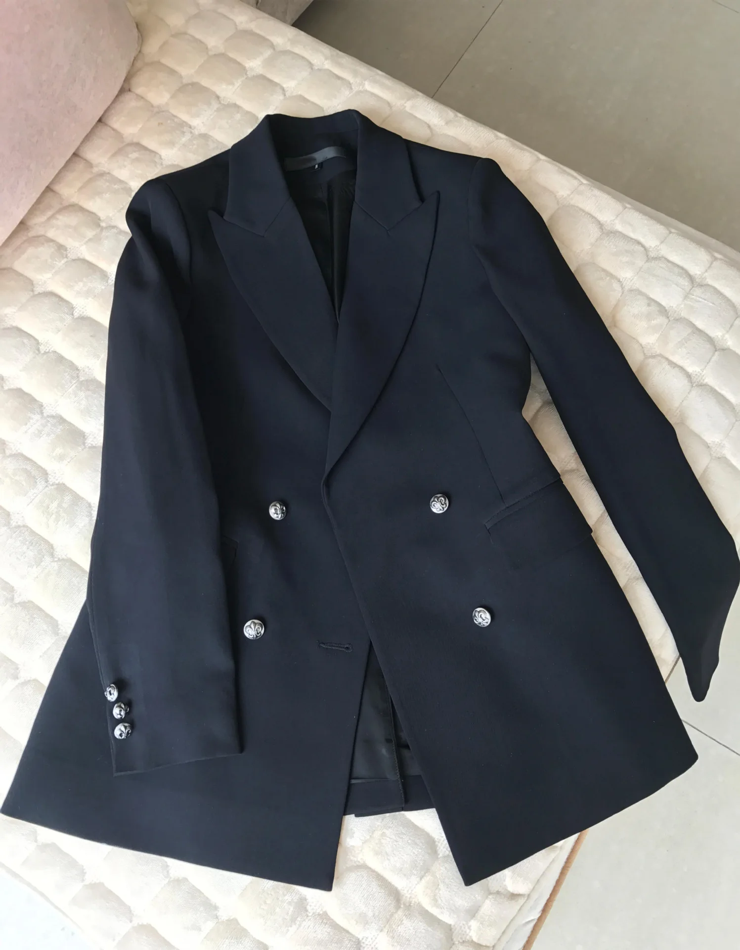 Black Double Buckle Slim High-end Stars with Long Sleeve Ladies Suit Notched Double Breasted Women Jackets and Coats