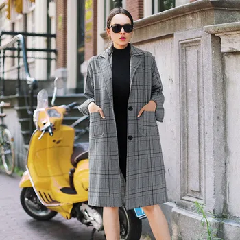 

Women Office Coat Blend Warm Plaid Print Long Coat Plus Size Female Slim Fit Lapel Overcoat Autumn Winter Long Outerwear#J30