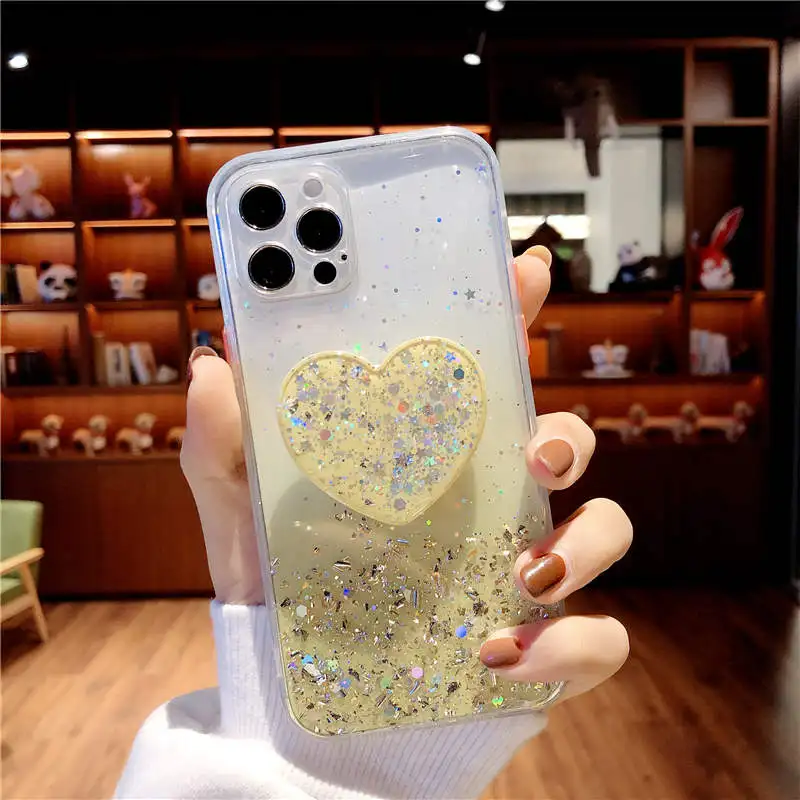 Gradient Glitter Sequins Love Bracket Soft Phone Case For iphone 12 mini 11 Pro Max Back Cover For iphone X XR XS 6 6S 7 8 Plus cute phone cases