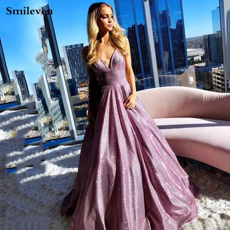 

Блестящее розовое официальное вечернее платье Smileven, ТРАПЕЦИЕВИДНОЕ ПЛАТЬЕ на бретелях-спагетти для выпускного вечера, вечерние платья до пола с открытой спиной, платье знаменитости
