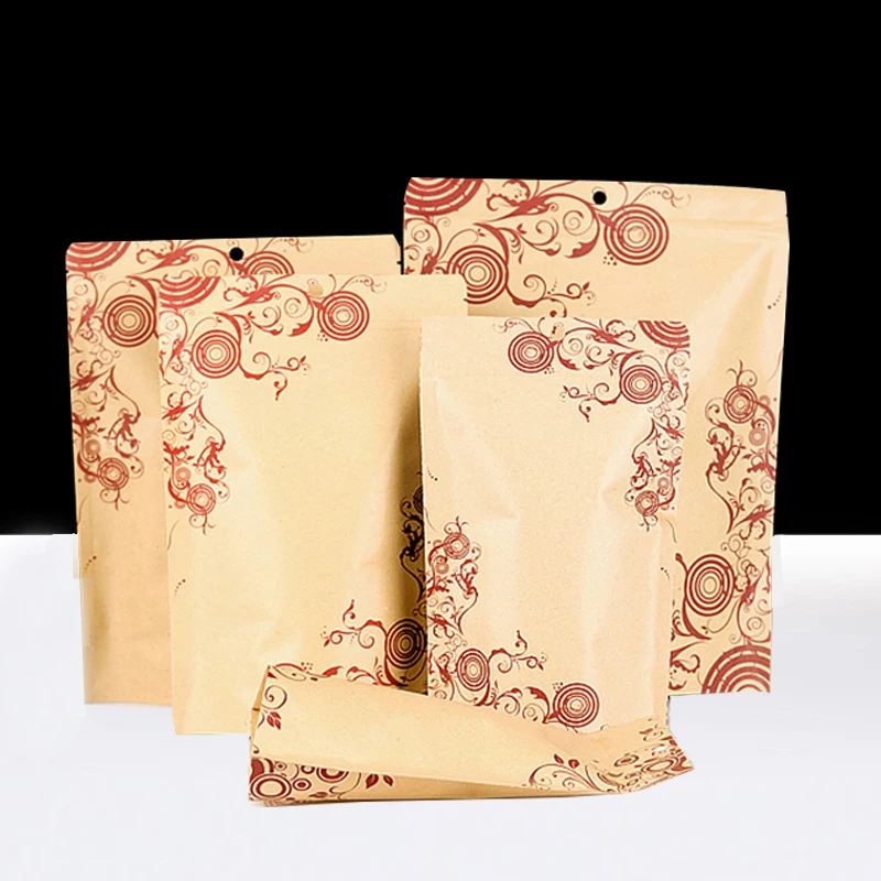 

Flower Printing Kraft Paper Storage Bag Standing Packing Zipper Zip Lock Reseal Food Powder Nut Snack candy Jujube Grains Coffee