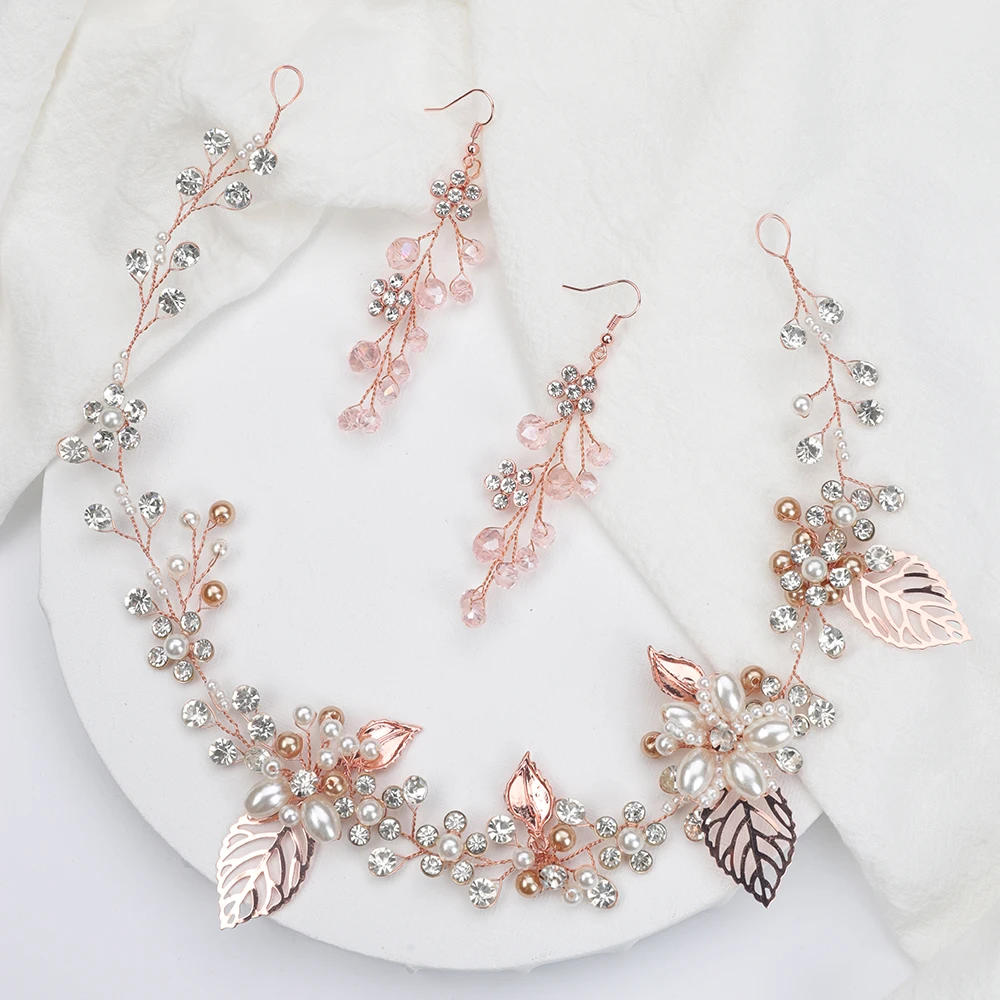 Женский комплект свадебных украшений головная повязка и серьги цвета розового