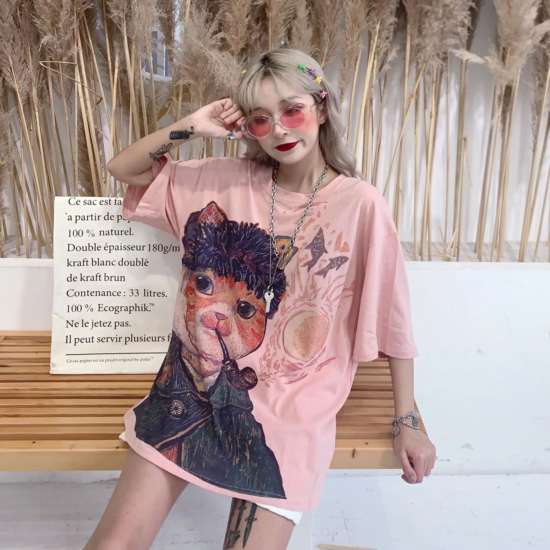 Корейские женские рубашки, Kawaii футболки с принтом, круглый вырез, универсальные футболки для студентов, осенняя одежда Harajuku, большие размеры, Повседневная футболка - Цвет: YX 444 fen