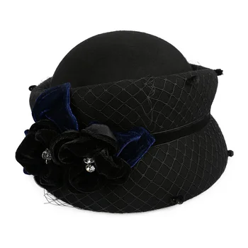 

Double Layers Thick Warm Winter Women Hat Black Australian Wool Beret Cap Flower Rhinestone Veil Fedora Cap Party Ladies Hat New