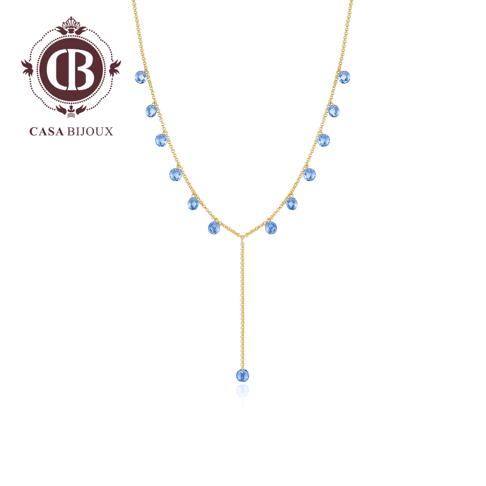 

CASABIJOUX Classic Blue Long Chain Pendant Necklace Women Fashion Jewelry Gold Color Necklace
