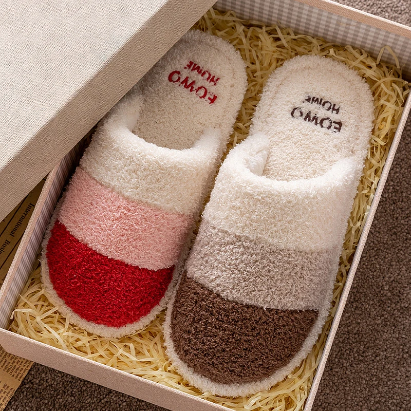 

Female Slippers Winter furry Cotton shoes Mixed color Non-slip House slippers Coral fleece Comfortable warm 2020 woman shoes