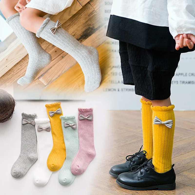 

Children Loose mouth Bow Stockings Baby Princess Style Girls Pile Sweet Cotton Long Tube Vertical Calf Stockings Pink Black Gray