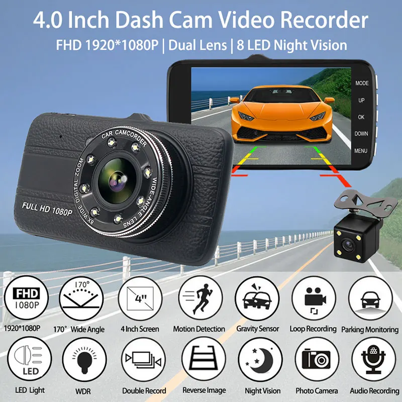 4 дюйма Видеорегистраторы для автомобилей с двумя Камера HD 1080 Ночное видение с гнездом для чипа, с датчиком движения, Сенсор воспроизведение видео 170 градусов Широкий формат 30FPS мульти-языковой