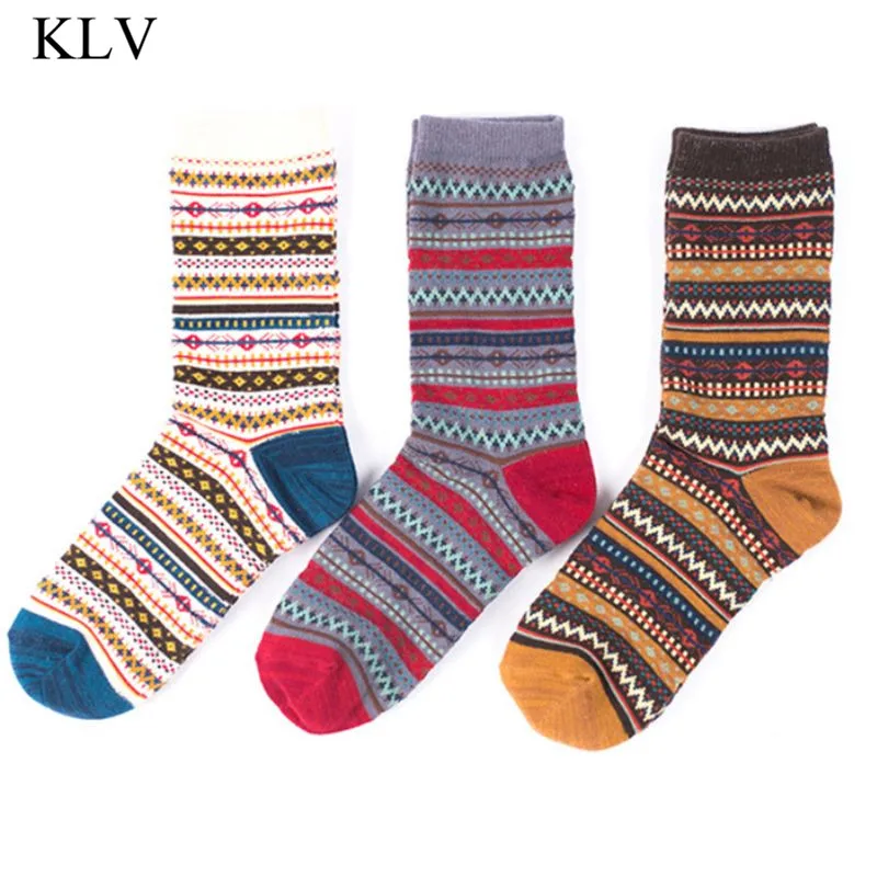 3 пары, женские этнические волнистые полосы, хлопковые плотные теплые носки, Зимние Повседневные контрастные цвета, винтажные чулочно-носочные изделия в стиле Харадзюку