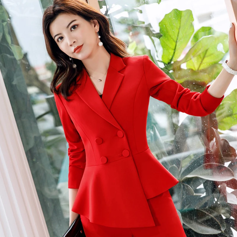 Женский красный блейзер в стиле Парижа для девочек, тонкий весенне-осенний элегантный женский офисный жакет, деловой костюм, плиссированный двубортный Блейзер, однотонный - Цвет: Red blazer