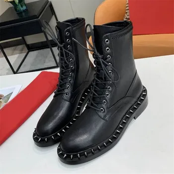 

High Quality Women Ankle Boots Genuine Leather Lace-up Short Booties Low Heel Spike Knight Boot Spring Autumn Shoes Woman Botas