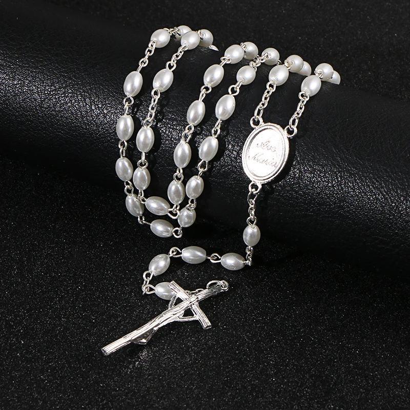 KOMi White Rosary Beads Cross Pendant Long Necklace For Women Men Catholic Christ Religious Jesus Jewelry Gift R-231