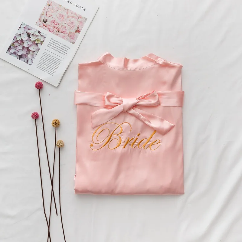 drak pink bride Одежда для невесты однотонный халат Элегантная пижама для невесты сексуальный женский домашний халат Банный халат кимоно шелковый халат для сна - Цвет: drak pink bride