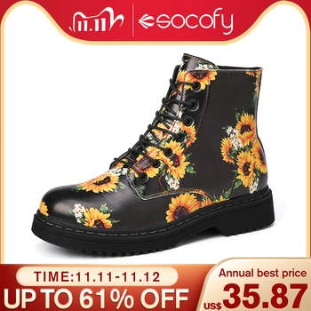 

SOCOFY Sunflowers Printed Boots Comfy Round Toe Wearable Work Style Ankle Boots Casual Outdoor Boots Botas Mujer 2020