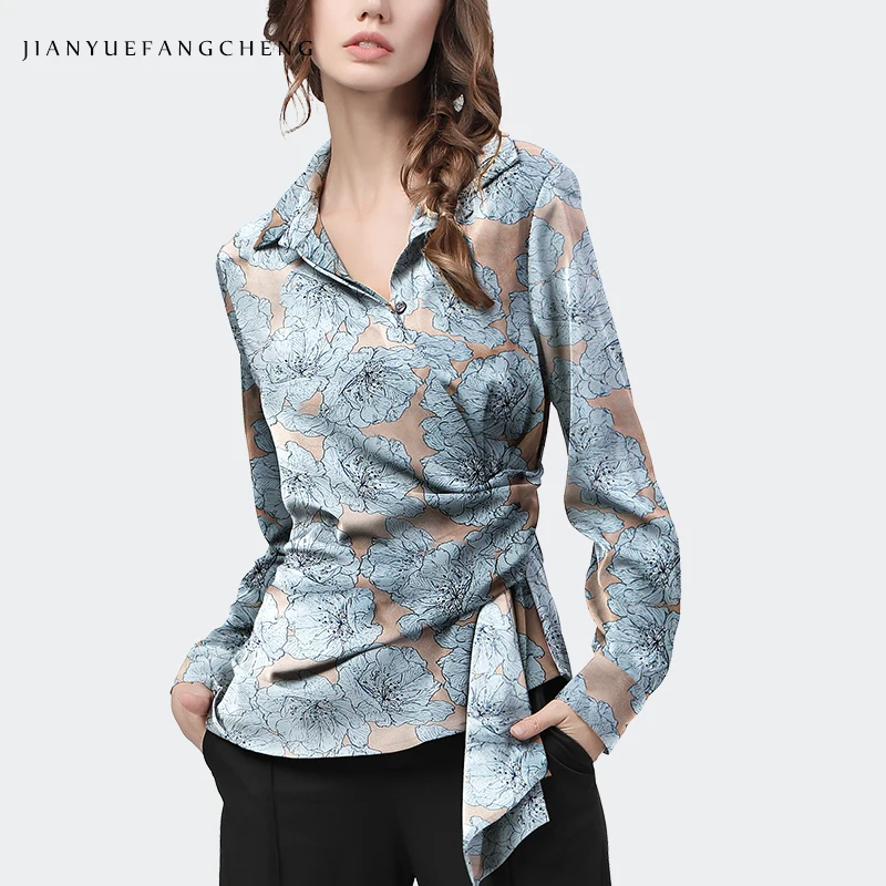 

Satin Ladies Blouses Elegant Rich Peony Flowers Printed Long Sleeve Turn-Down Collar Sashes Design Irregular Shirts Autumn Tops