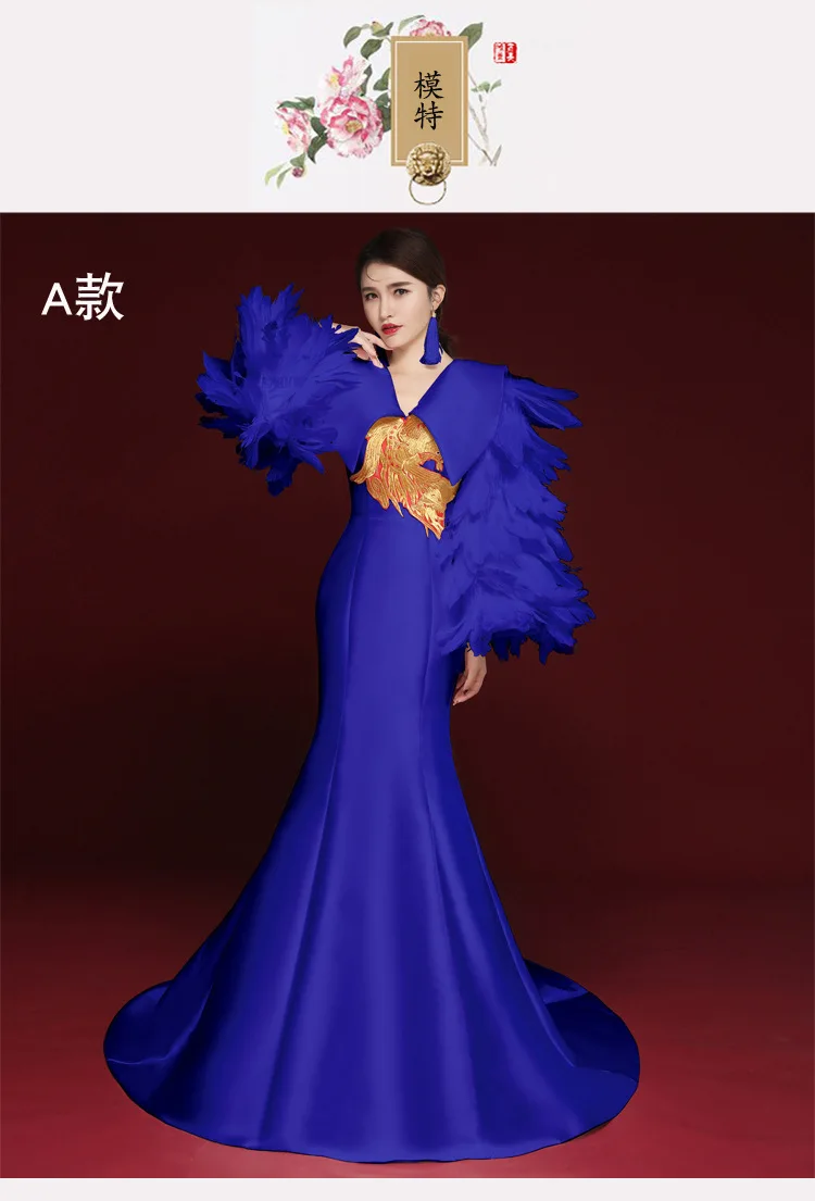 Синий шлейф сексуальный Cheongsam тонкий Qipao Vestidos азиатской невесты свадебные вечерние платья длинное платье
