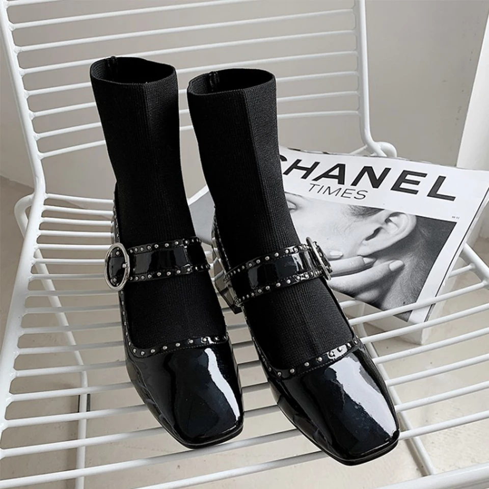 

BELLECOM 2019 Autumn and Winter New Retro Elastic Boots British Square Headed Shoes and Women's Boots