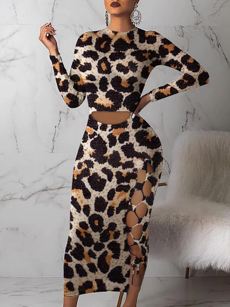 

Women Fashion 2020 Abstract Leopard Print Lace-up Cut Out Sexy Bodycon Dress