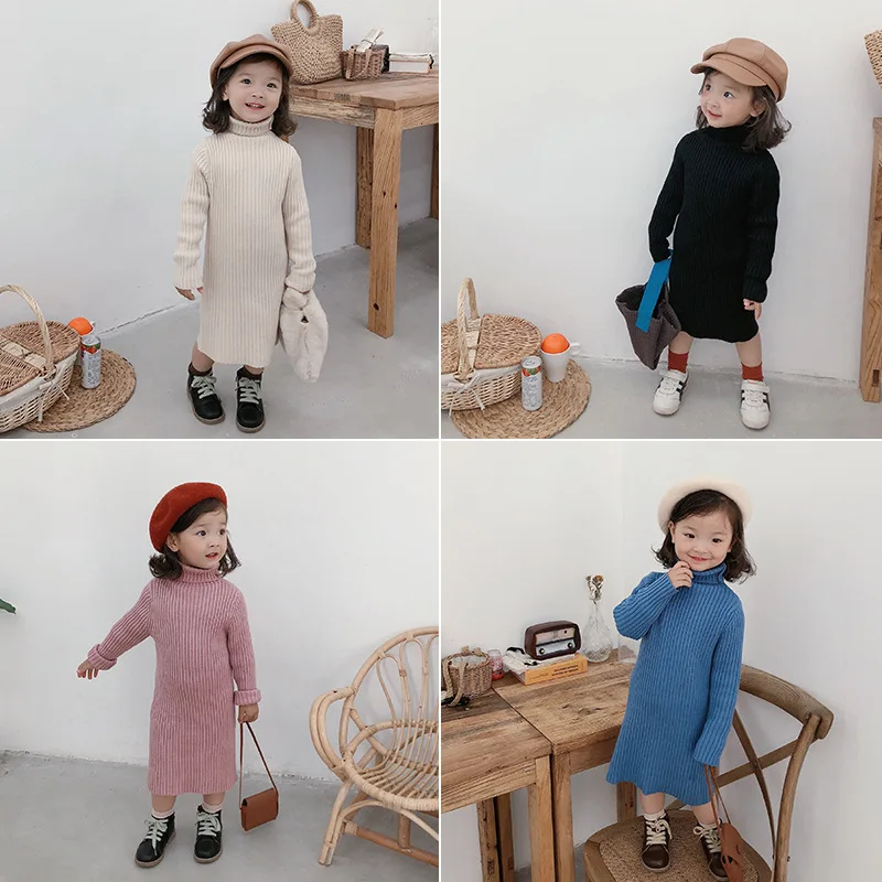 Детские облегающие эластичные трикотажные повседневные платья с длинными рукавами для маленьких девочек; свитер с высоким воротником; хлопковое прямое платье