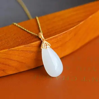 

Natural Hotan white jade Drop Shaped Pendant Necklace Chinese retro palace style creative light luxury Winter Christmas gift