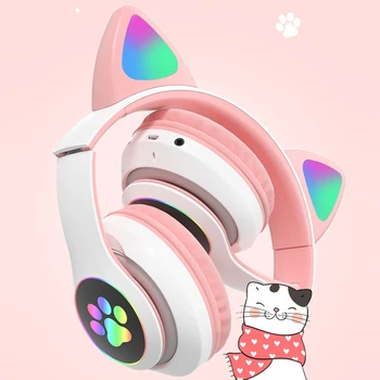

New RGB Cat Ear Headphones Bluetooth 5.0 Bass Noise Cancelling Adults Kids Girl Headset Support TF Card Casco Mic Gift Bracelet