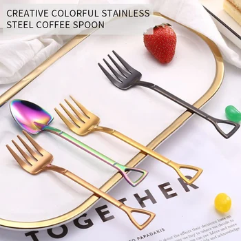 

2020 New Vacuum Plating Stainless Steel Shovel Shaped Ice Cream Spoon Fork Multicolor Long Handle Coffee Spoon Kitchen Accessory