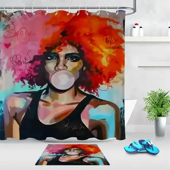 

Black Woman Girl African American Shower Curtain Bathroom Shower Decor Polyester Fabric Curtains with Bath Doormat and 12 Hooks