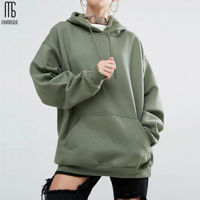 Manoswe Harajuku Women's Hooded Sweatshirt Tops Long Sleeved Solid Color Casual Sportswear Fleece Thickening Coat Oversize S-5XL | Женская