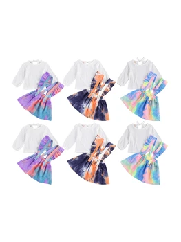 

Kids Baby Girls Tie Dye Clothes Sets Solid Long Sleeve T Shirts Tops Ruffles Printed Bib Strap Dress