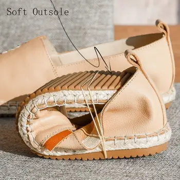 

2020 Free Shipping Handmade Genuine Leather Women Casual Straw Fisherman Sandals Flats for Ladies Straw Outsole Espadrille 23402