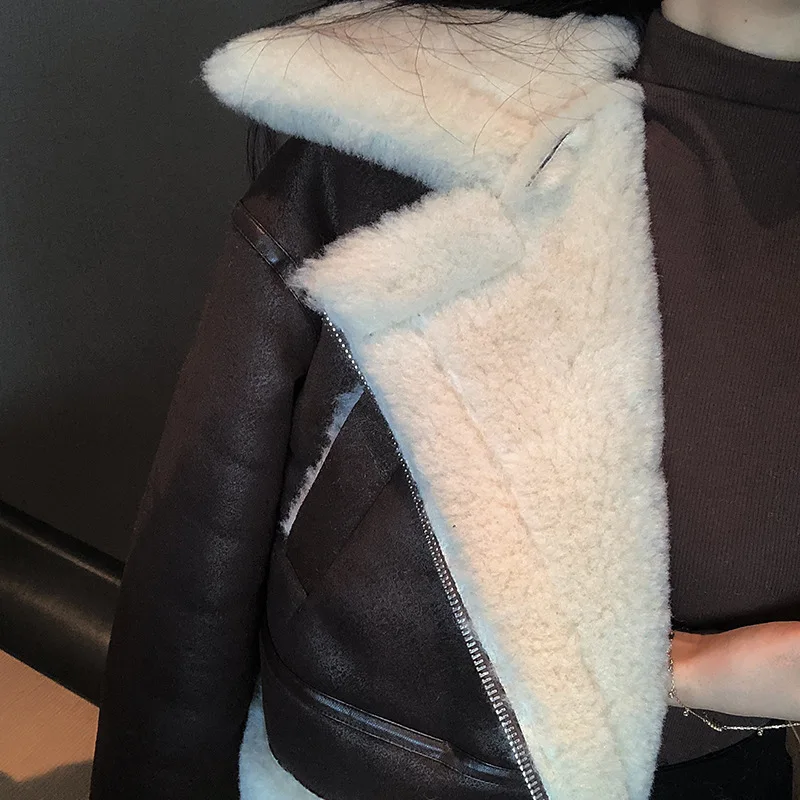 2019 Winter High -Quality Jacket Female Suede Lamb Keep Warm Wool Coat Motorcycle Lapels Coat Female Thicker Jacket Women black