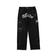 Vibe Style pantalones vaqueros con bordado de dibujos animados para Hombre, Jeans rectos estilo Harajuku, Hip Hop, de algodón, de gran tamaño, a la Moda