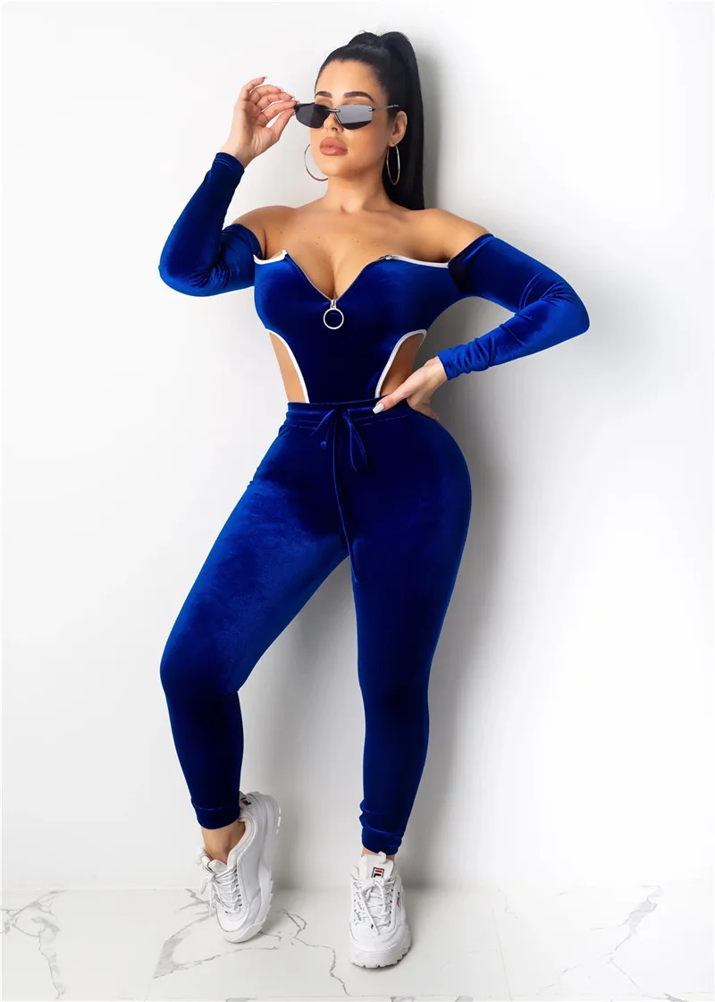 Najtaniej Adogirl Christmas Velvet dwuczęściowy zestaw damski dres Zipper Off Shoulder body z długim rękawem + spodnie ołówkowe modne garnitury