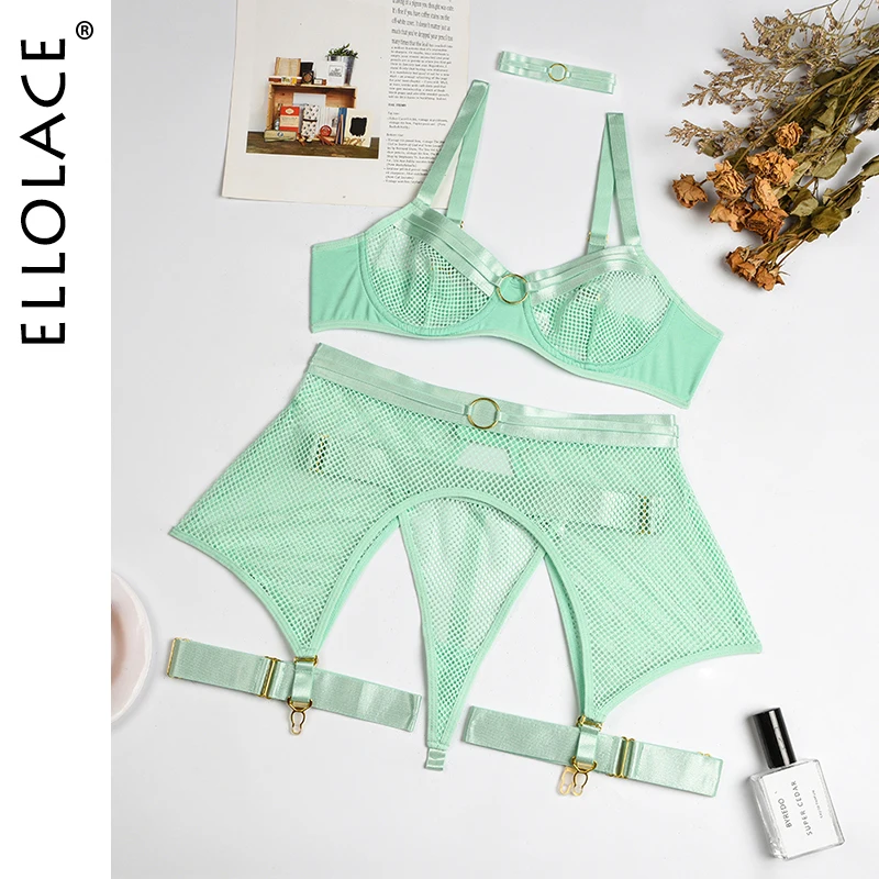 Ellolace Four-Piece Set Erotic Lingerie Transparent Bra Kit Push Up See Through Lace Langerie Mesh Seamless Underwear Garters bra and knicker sets cheap Bra & Brief Sets