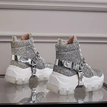 

MLJUESE 2020 women ankle boots sequined cloth round toe crystal winter short plush silver color slip on women boots party dress