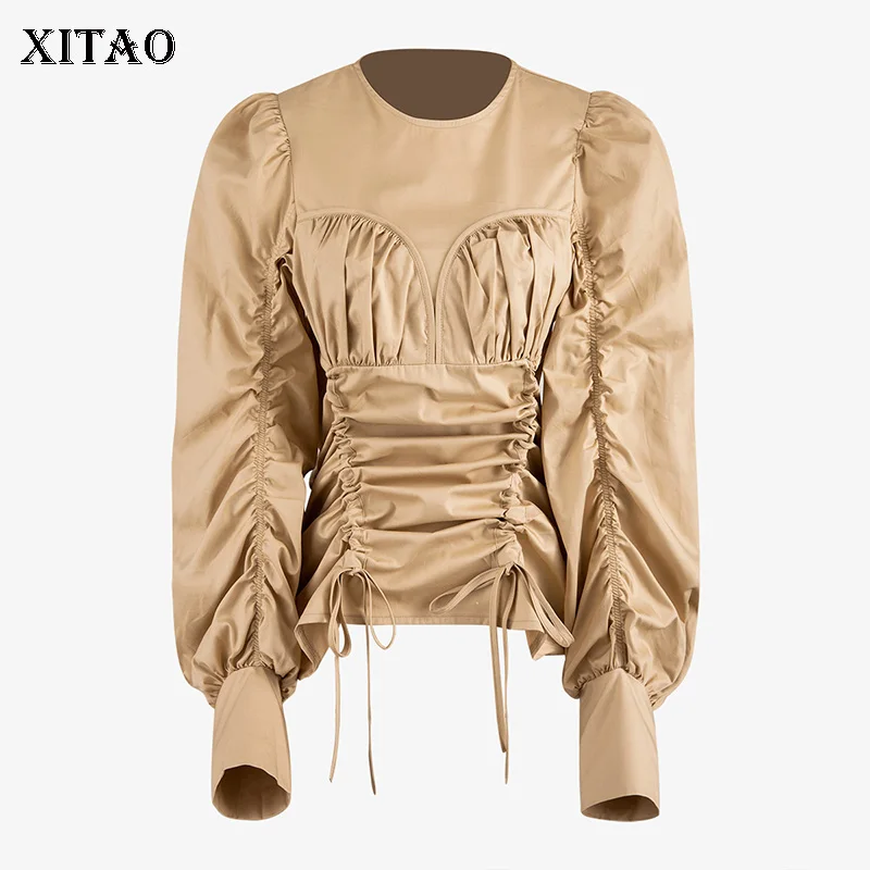 XITAO, винтажная блузка на шнурке, женская одежда,, с бантом, с пышными рукавами, плиссированный, облегающий пуловер, маленькая, свежая, миноритарная рубашка, DMY1191