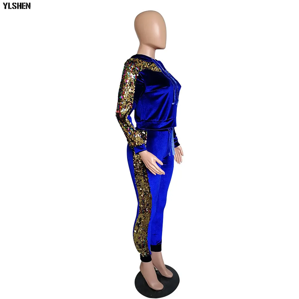 2 Two Piece Set Velvet Tracksuit Women Sexy Sequins Jogging Femme Plus Size Long Sleeve Tops +Pants Sweat Suits Matching Sets 24