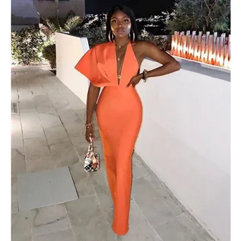 Women Luxury Sexy Short Sleeve V Neck Orange Maxi Long Bandage Dress 2021 Designer Fashion Evening Party Dress Club Vestido 1